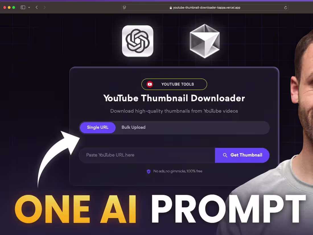 Cover image for I built a YouTube thumbnail downloader tool in 5 minutes Ama...
