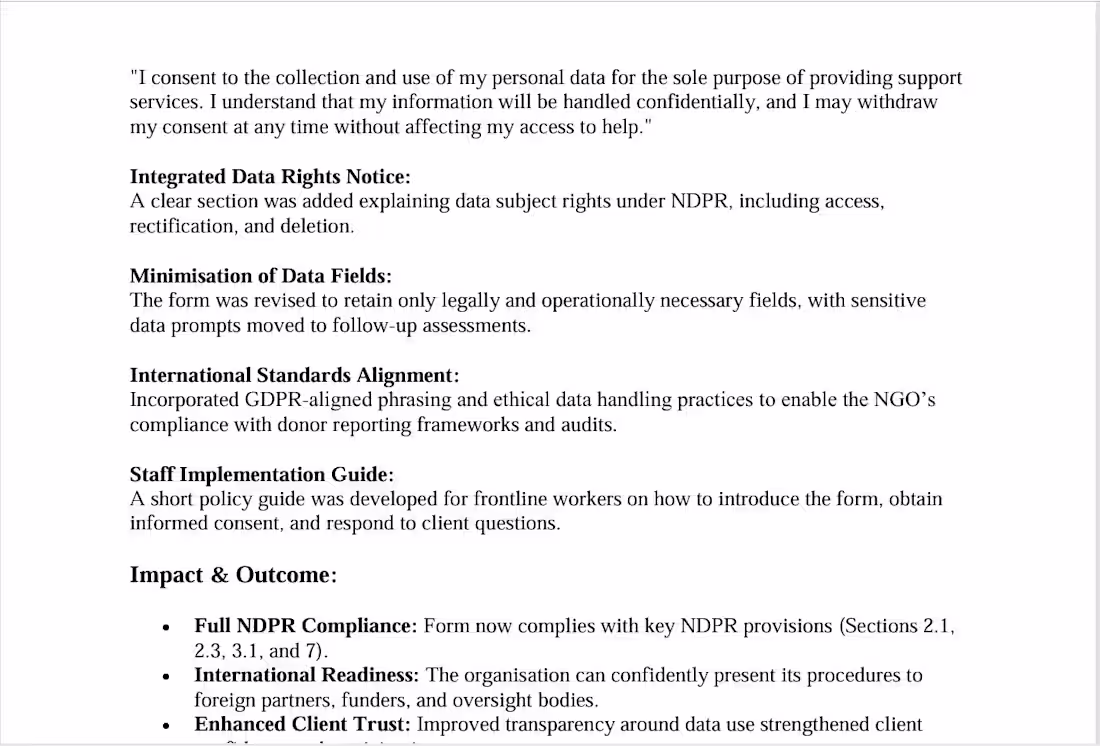 Cover image for  NGO Intake & Consent Forms Legal Compliance Review