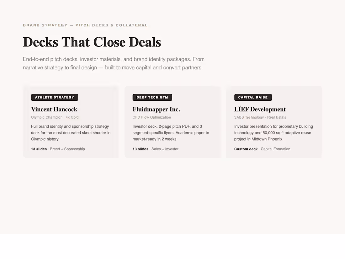 Cover image for End-to-end pitch decks and brand