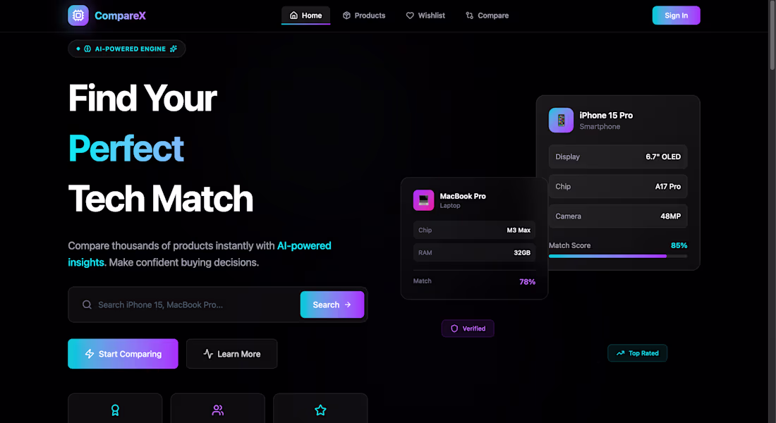 Cover image for CompareX — AI-powered tech product