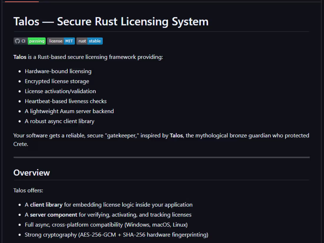 Cover image for Open-source: Talos — secure Rust licensing (client + server)...