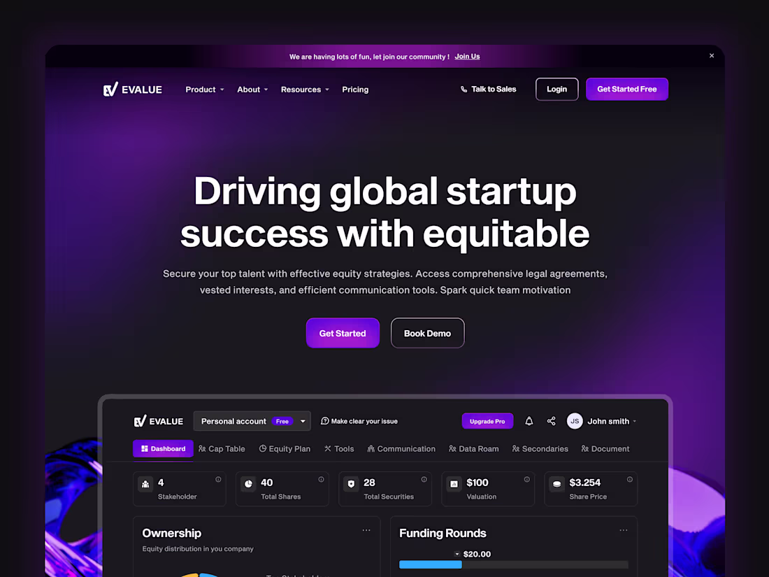 Cover image for Evalue - Equity Management Software Landing Page