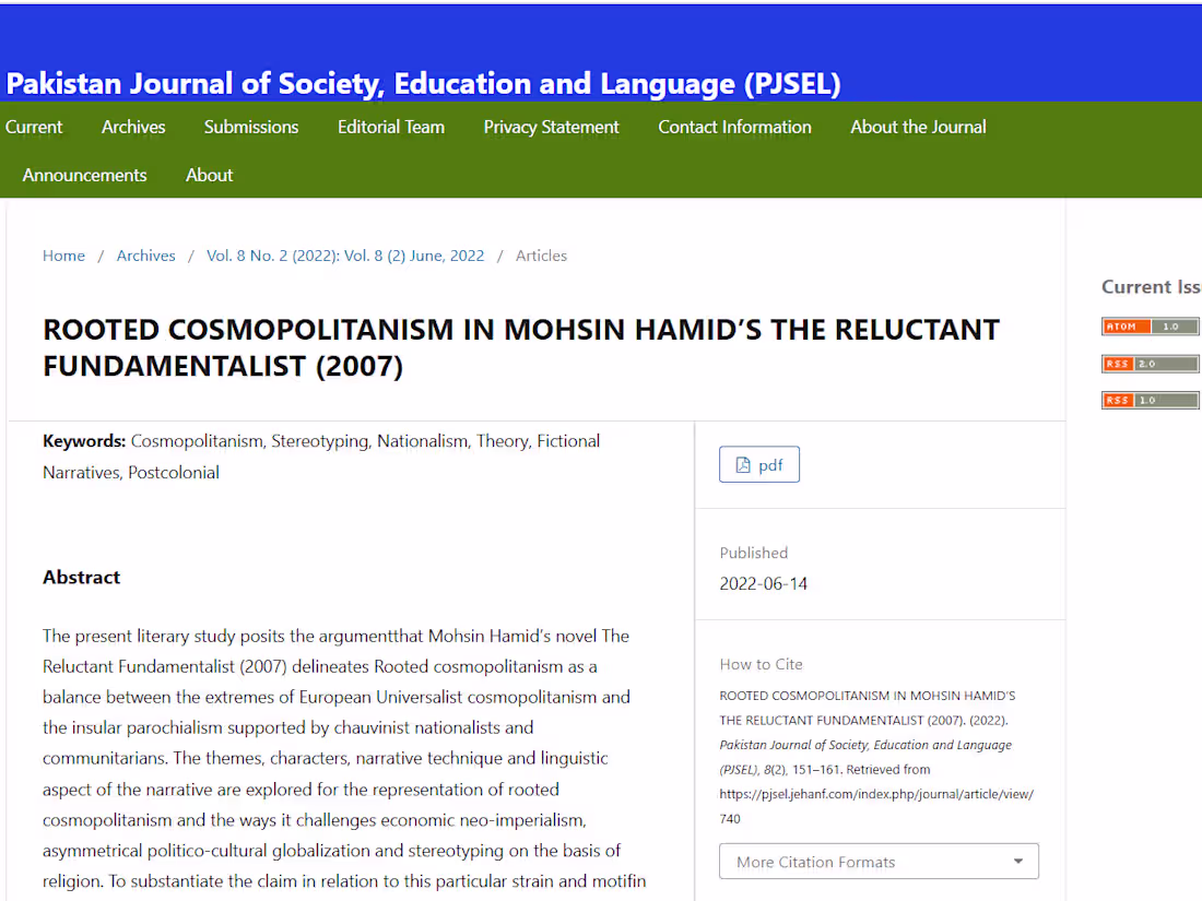 Cover image for ROOTED COSMOPOLITANISM IN MOHSIN HAMID’S THE RELUCTANT FUNDAMEN…