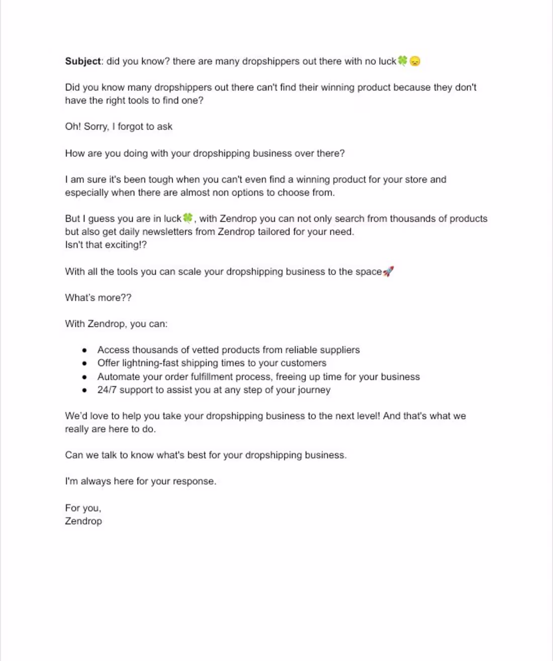 Cover image for Cold email for Zendrop