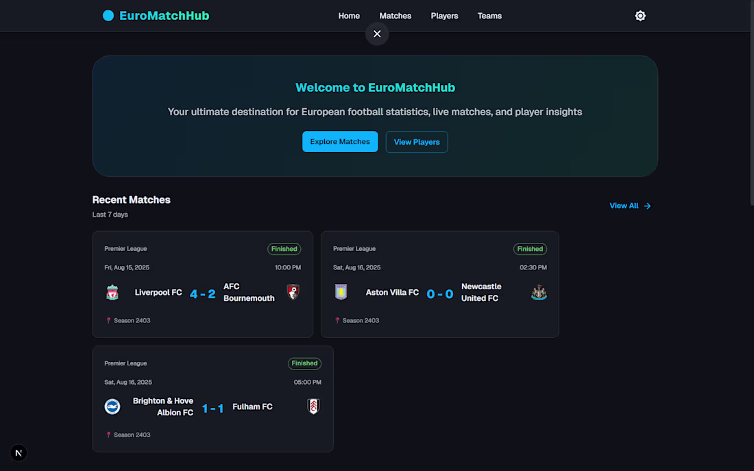Cover image for EuroMatchHub A lightweight, modern web app built with Next.j...