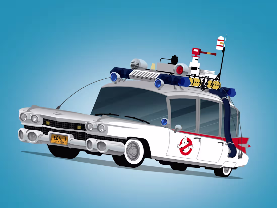 Cover image for Ghostbusters, ECTO-1 car cartoon illustration.