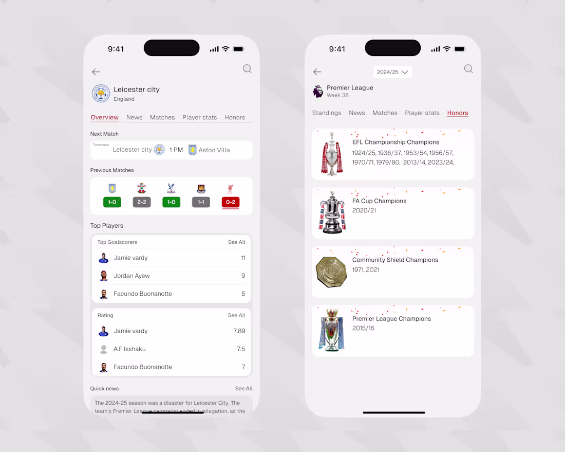 Cover image for Football App Frame 1: Team overview showing their next match...