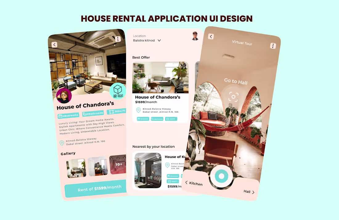 Cover image for Modern house rental app UI featuring property listings, loca...