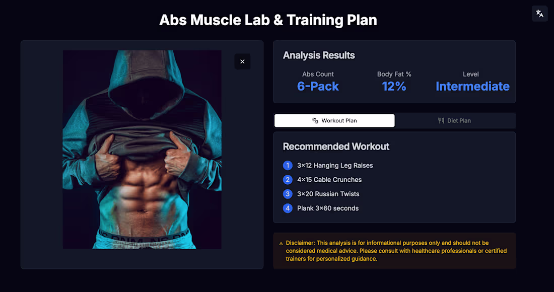 Cover image for AI image analysis web app: 'Abs Muscle Lab & Training Plan'