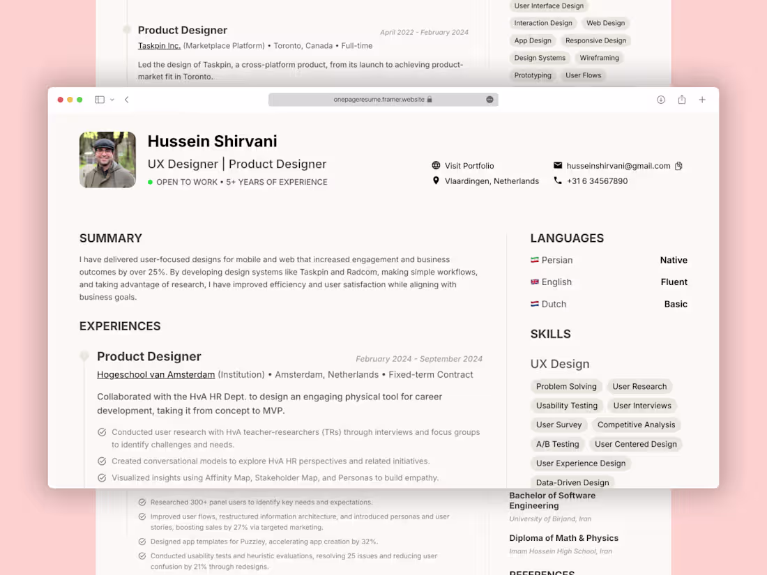 Cover image for Framer Design: One-Page Resume