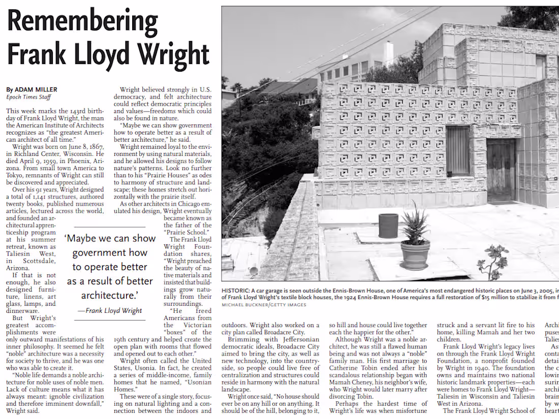 Cover image for Article for The Epoch Times "Remembering Frank Lloyd Wright"