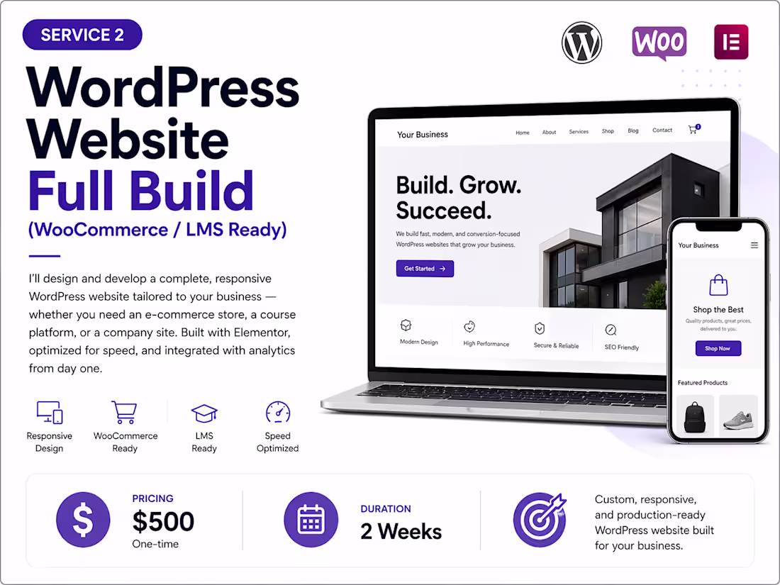 Cover image for WordPress Full Build — WooCommerce, LMS & Elementor Ready