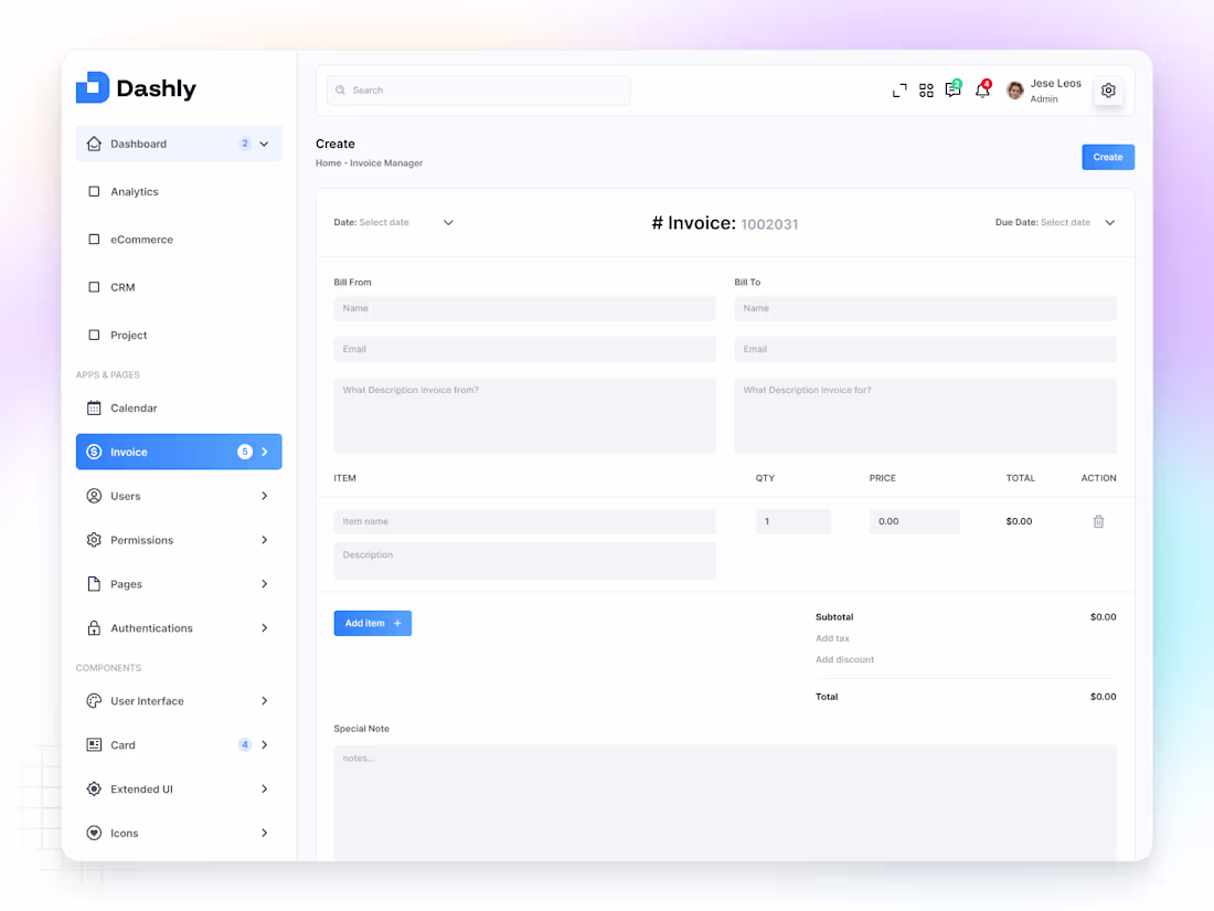Cover image for ✦ Dashly — Create Invoice Dashboard Dashly Create Invoice is...