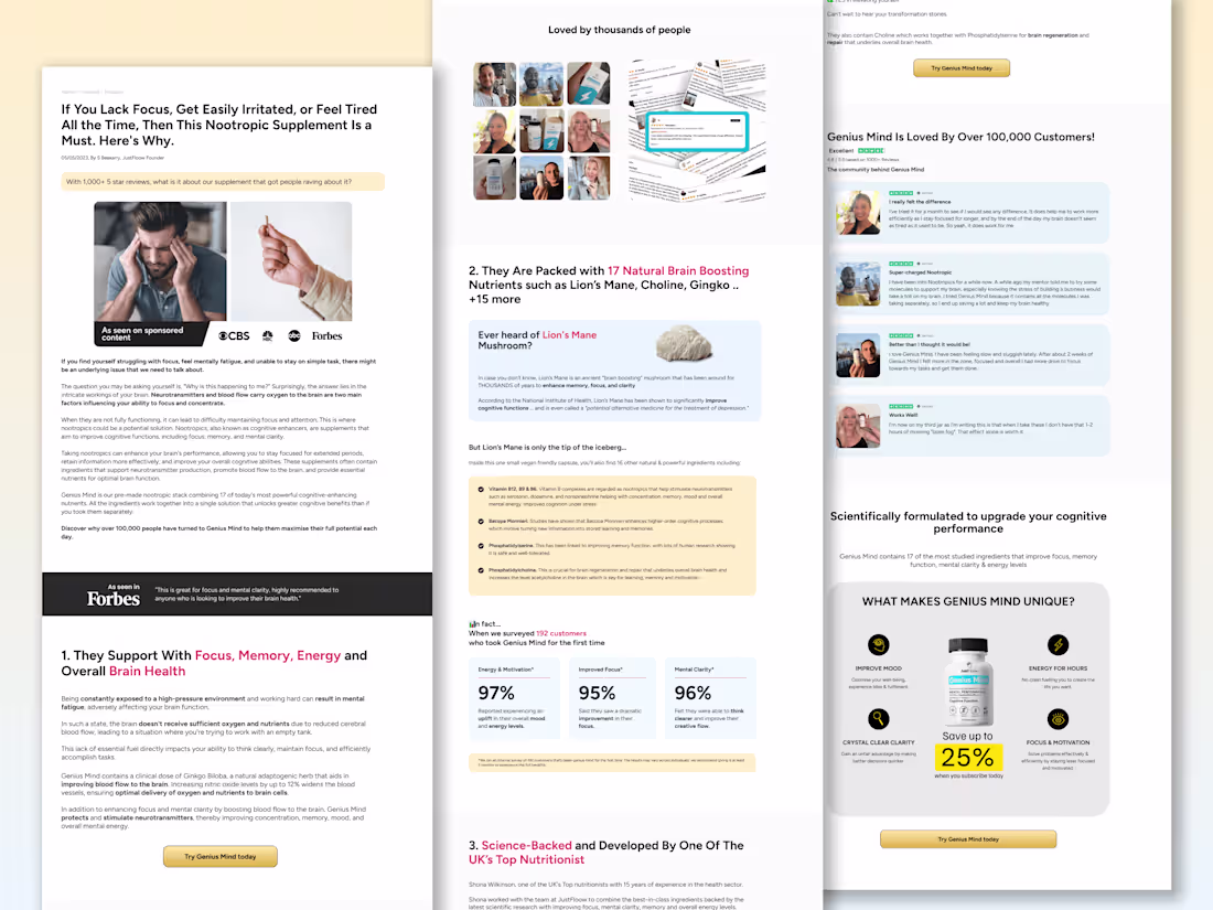 Cover image for Advertorial Landing page Developed in Replo for justflow Brand