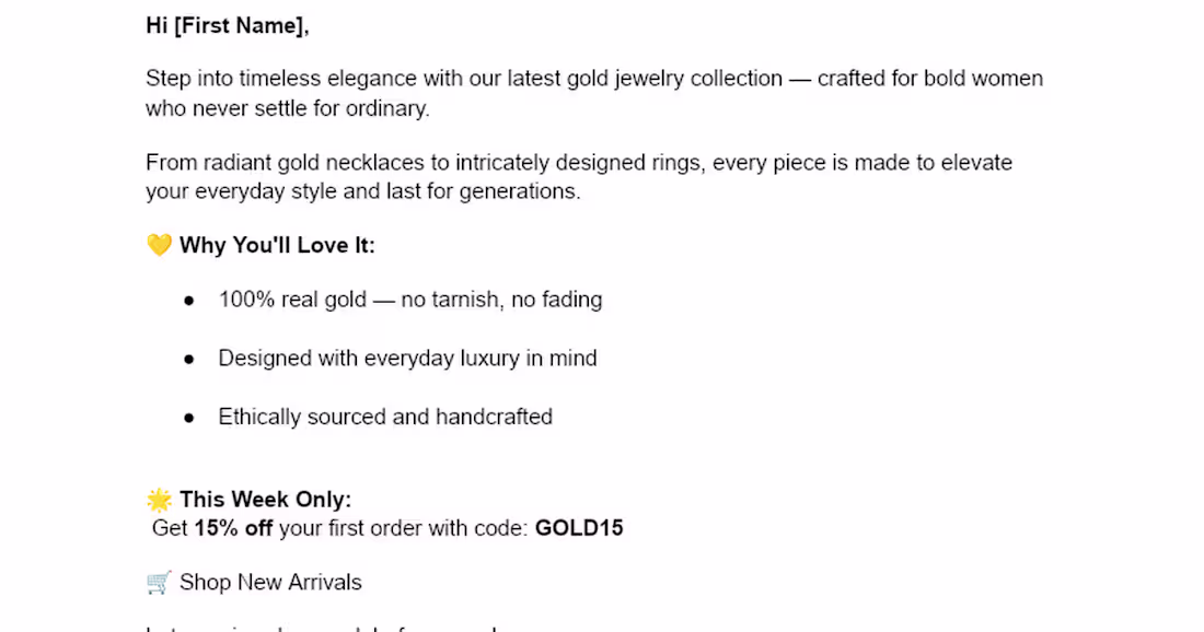 Cover image for Aurielle Gold Jewelry Collection Email Campaign