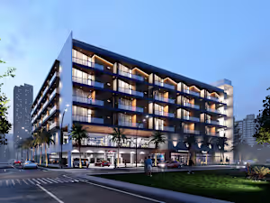 Mixed-use building 3d modeling and photorealistic rendering.