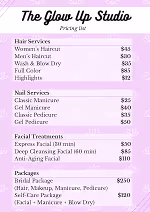 Pricing list - Pink