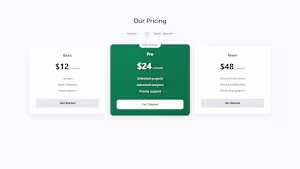Interactive pricing toggle component with
