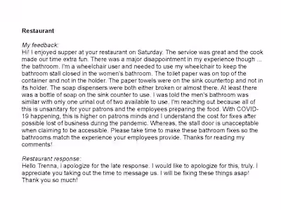 Accessibility Advocacy: Restaurant 