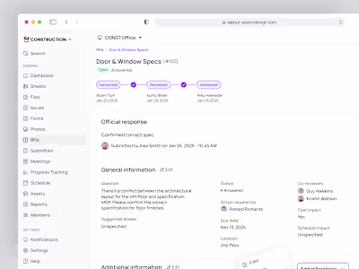 RFIs Details UI – Construction Management SaaS Web App
