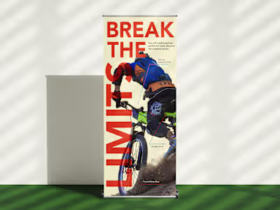 A striking mountain bike banner ad that focuses on drawing c...