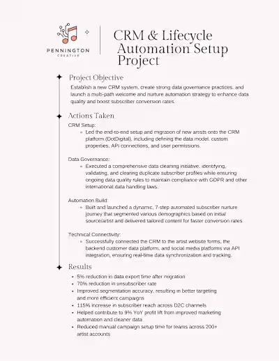 CRM & Lifecycle Automation Setup Project for Universal Music...