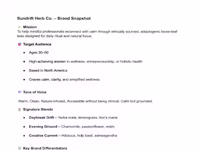 One-Page Brand Snapshot: Sundrift Herb Co. (Fictitious Client)