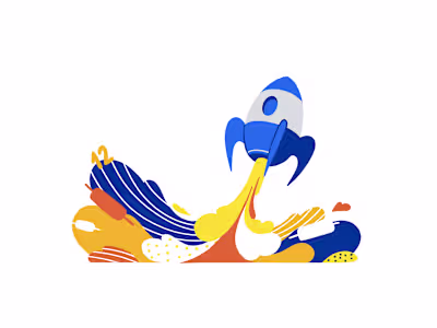 Playful flat illustration of a rocket launch — bold shapes a...