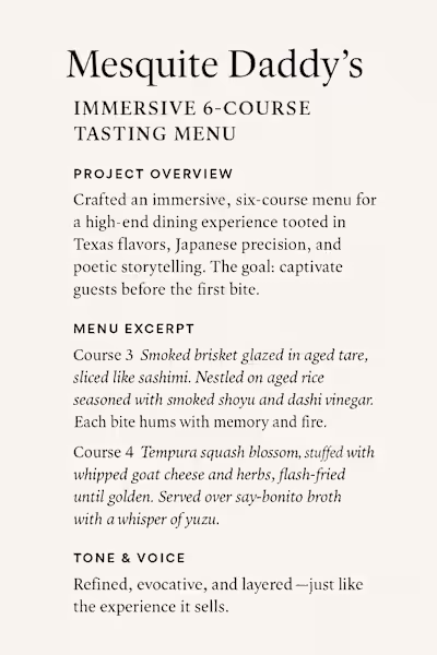 Mesquite Daddy’s: Immersive 6-Course Tasting Menu