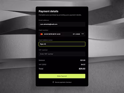 Payment checkout modal in dark mode.