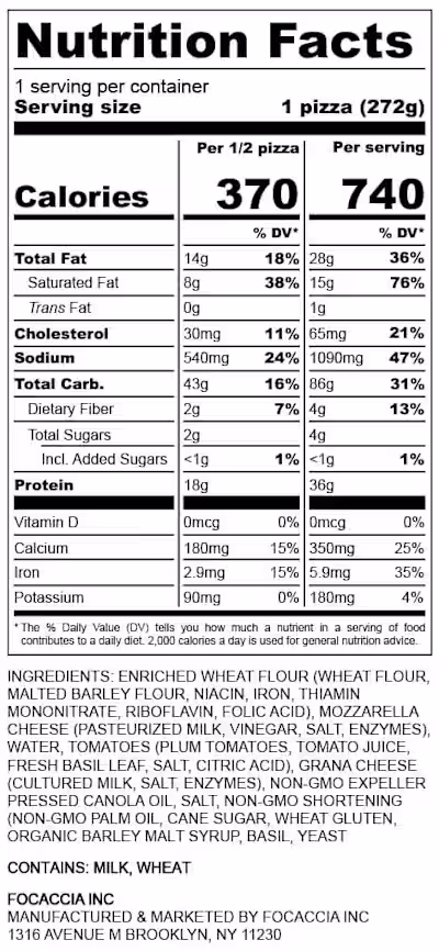 Frozen Pizza - Nutrition Facts Label