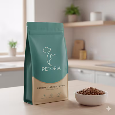 The design merges a cat and a dog into one continuous, flowi...