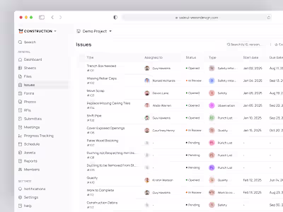 Issues Table UI – Construction Management SaaS Web App