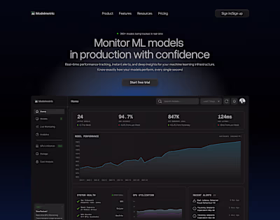 Hero section for a real-time ML monitoring platform.