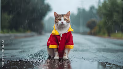 A cat wearing a red and yellow raincoat in the rain on the empt…