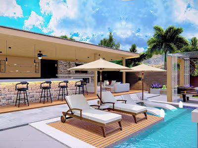 Backyard Design with Pool, Jacuzzi, and Outdoor Living Area