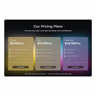 Pricing plan section for SaaS landing page