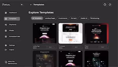 Admin UI Design for Portos Template Marketplace