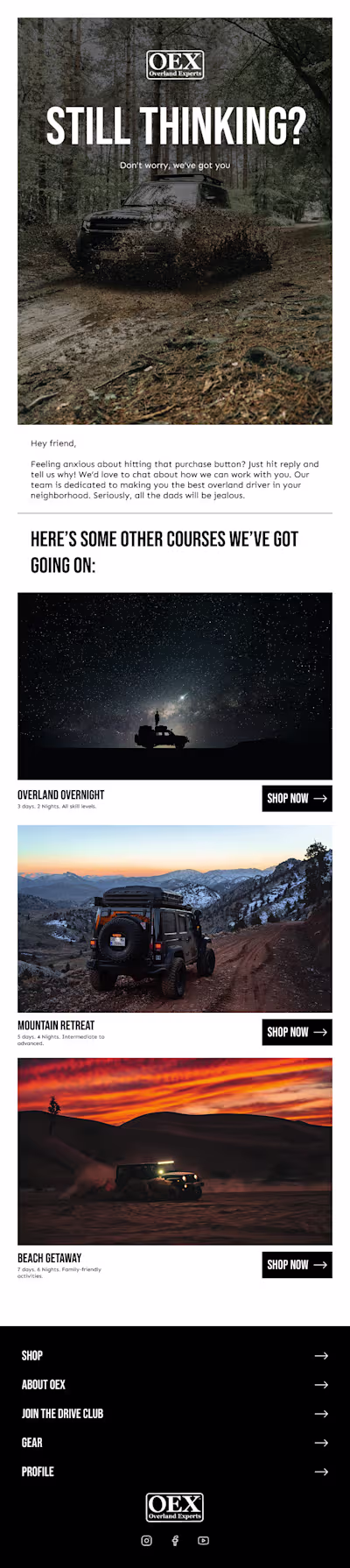 Abandoned cart email design for an overland/offroad training...