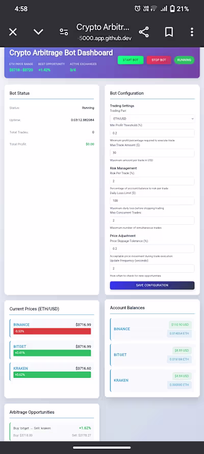 Built a Crypto Arbitrage Bot Dashboard using Python, Feel fr...