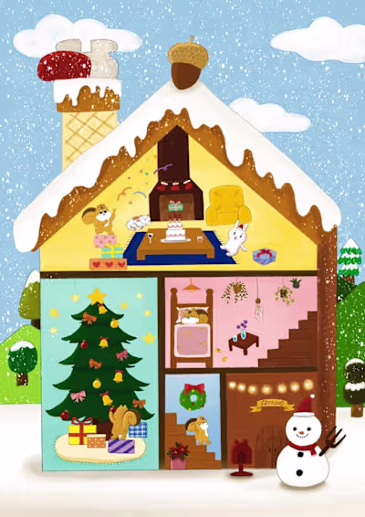 Christmas squirrel house digital illustration