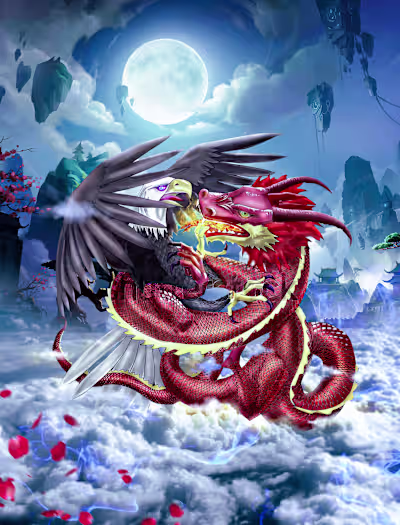NFT ART  American white-head eagle fighting a Chinese dragon.