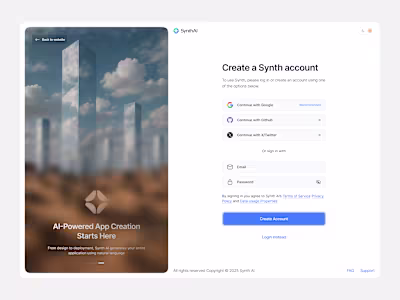 Create account page for SnythAI.