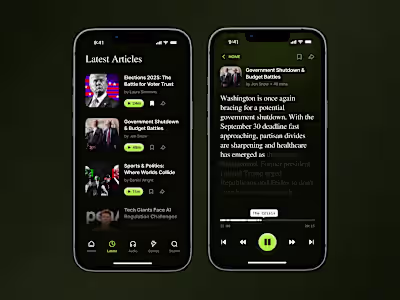 Readout - News & Audio App UI (Dark Mode)