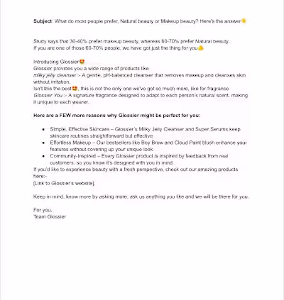 Cold email for Glossier 