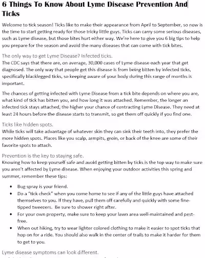 Blog Article (snippet) about Lyme Disease Prevention for client