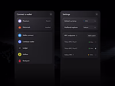 Wallet connection & settings. Work in progress