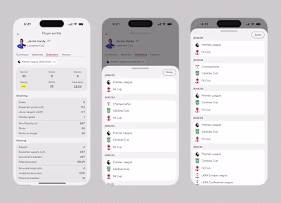 Football App Frame 1: Player Profile (Stats) Frame 2: Player...