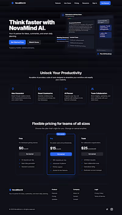 NovaMind AI Landing Page Design