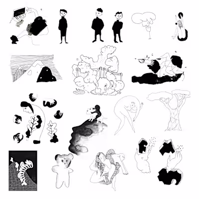 Black-and-white editorial illustration series exploring